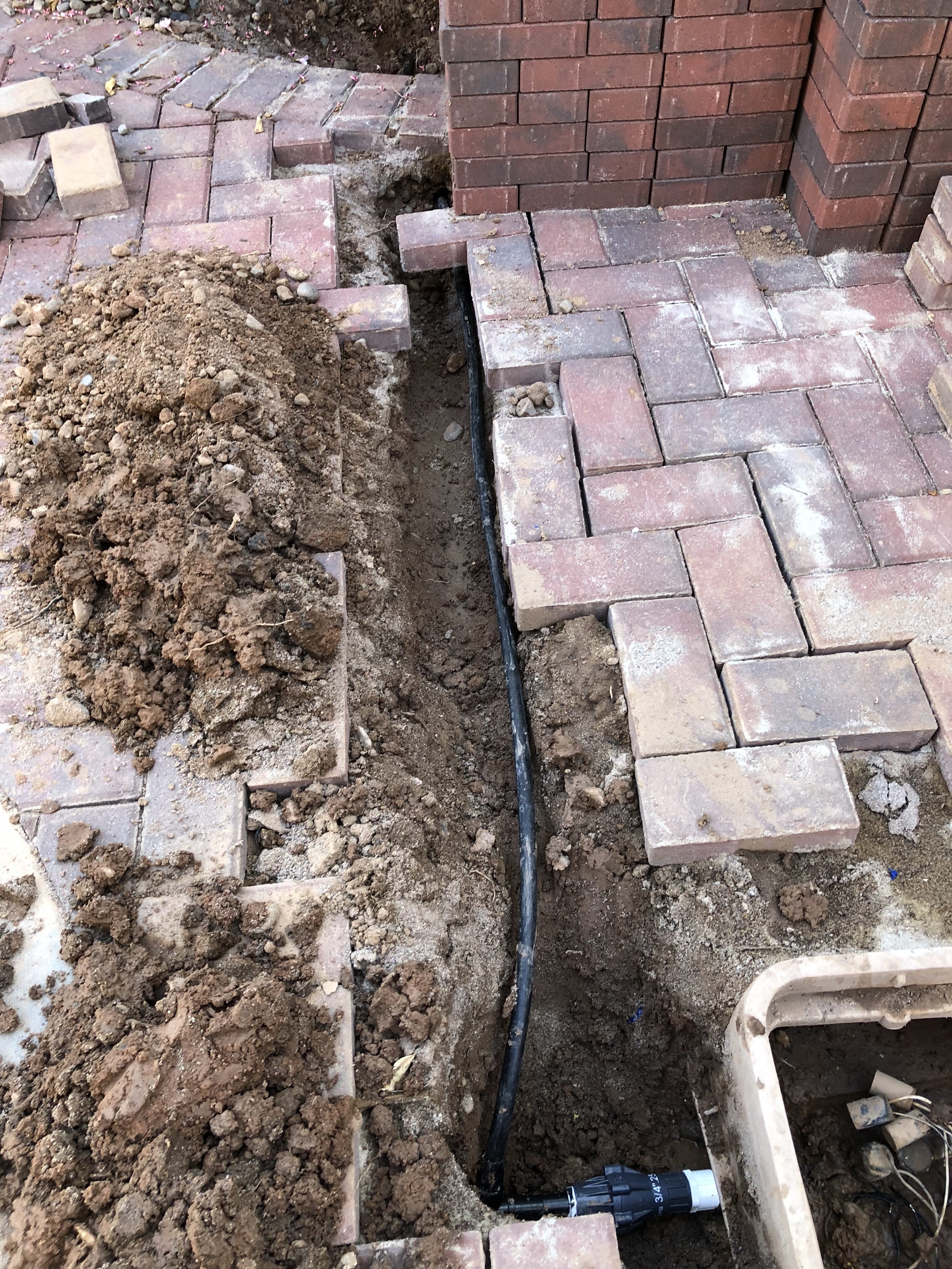 A drip irrigation system being installed into the ground.